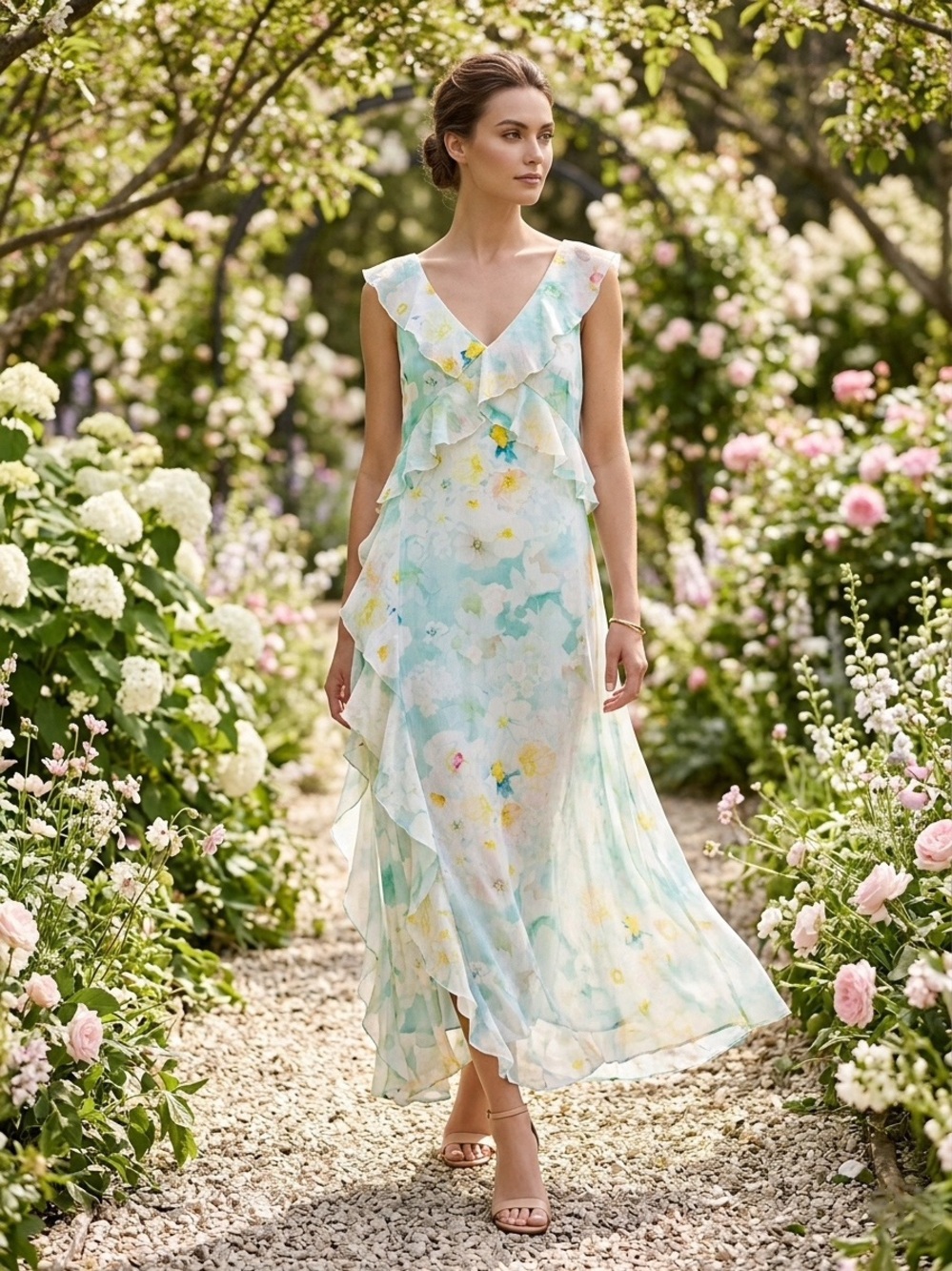 H&M Pastel Floral Ruffle Midi Dress Large